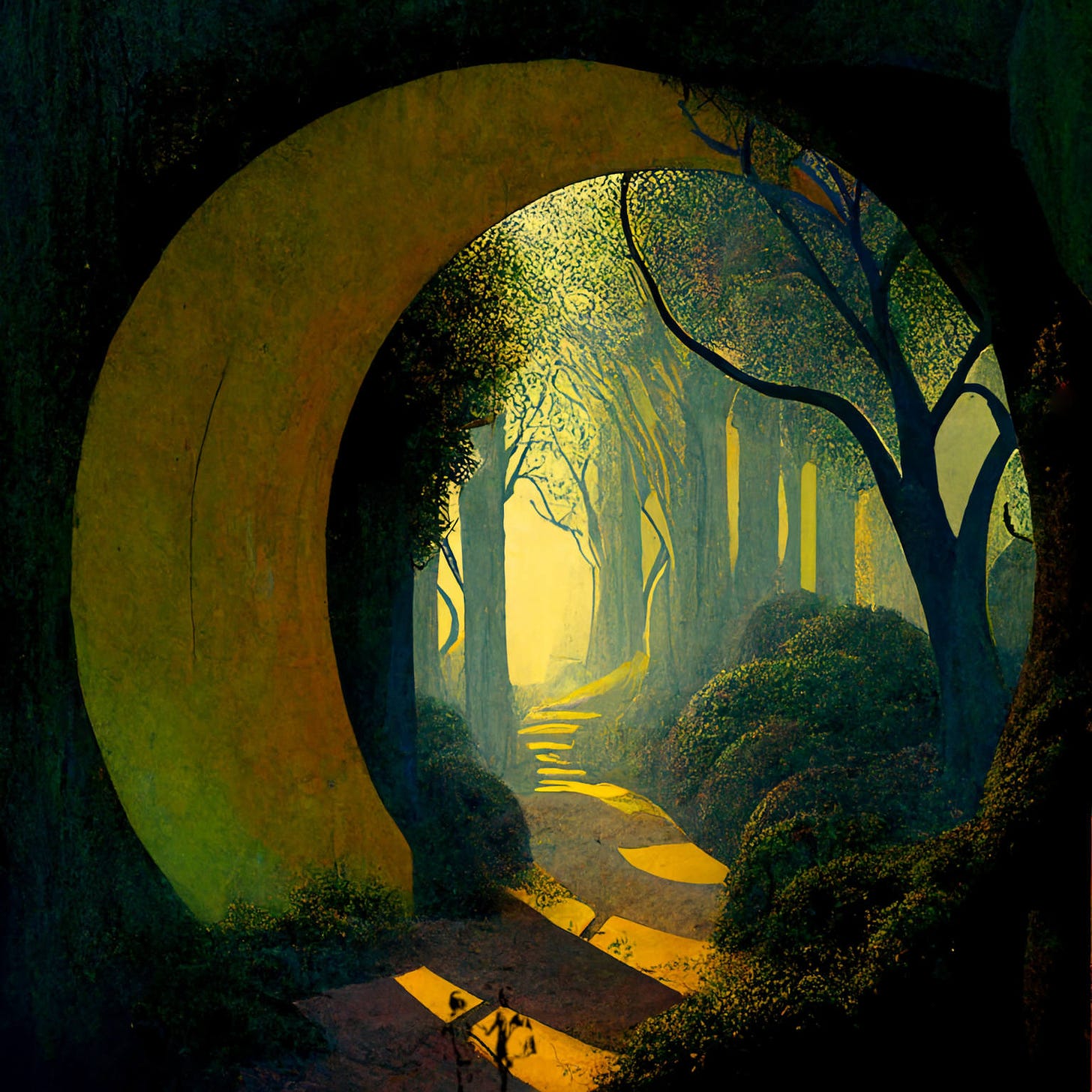 An artistic, whimsical, rendering of a path through the woods.