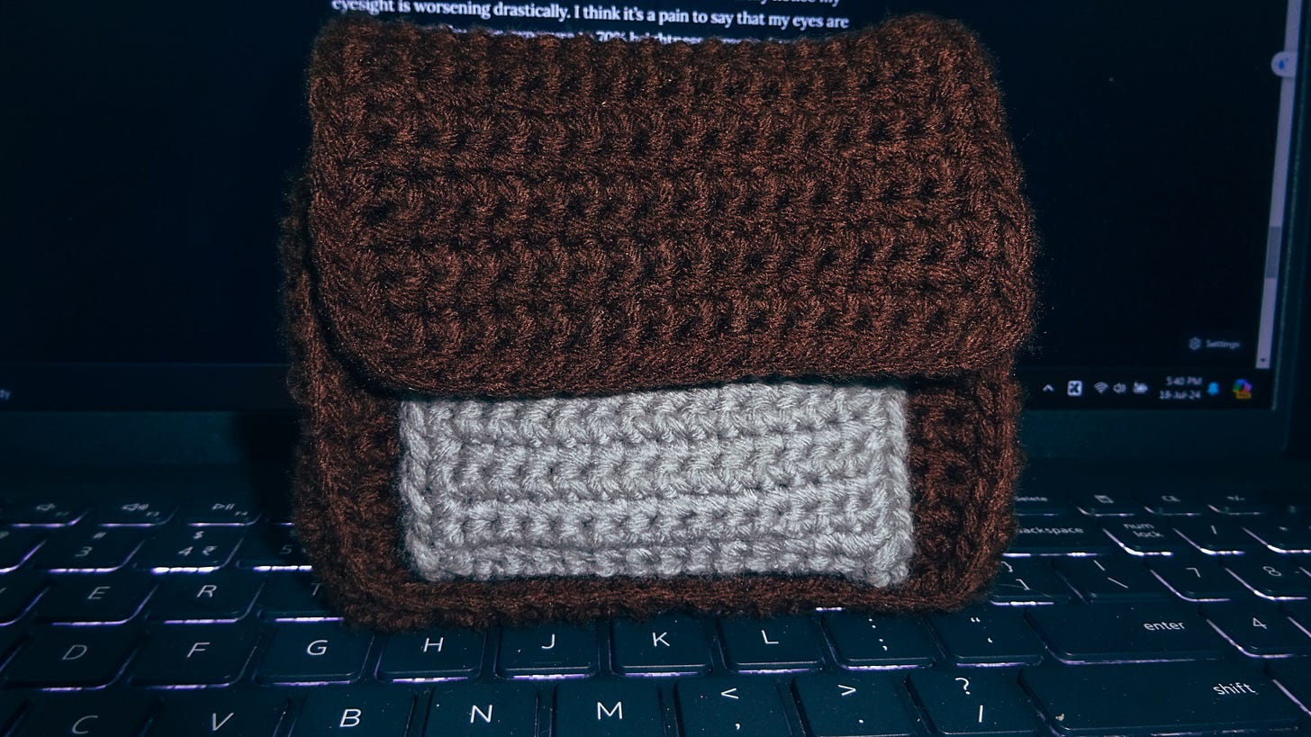 A little purse for my digicam, missing the strap since I’m figuring out how to make a suitable one.