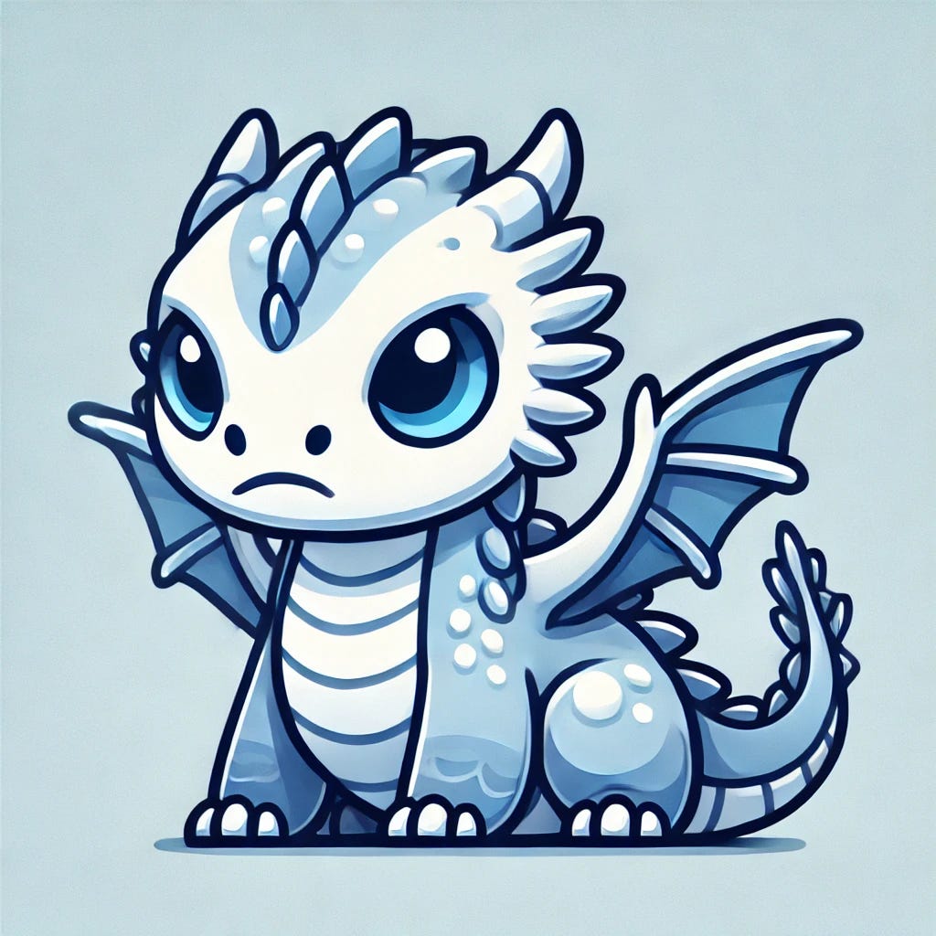 A cute cartoon-style snow dragon on a simple white or light blue background. The dragon has a tough expression on its face, with large expressive eyes and small fangs. The dragon's body is sleek with icy blue scales, a long tail, and tiny wings. The overall appearance is both adorable and fierce, blending a playful design with a slightly intimidating expression.