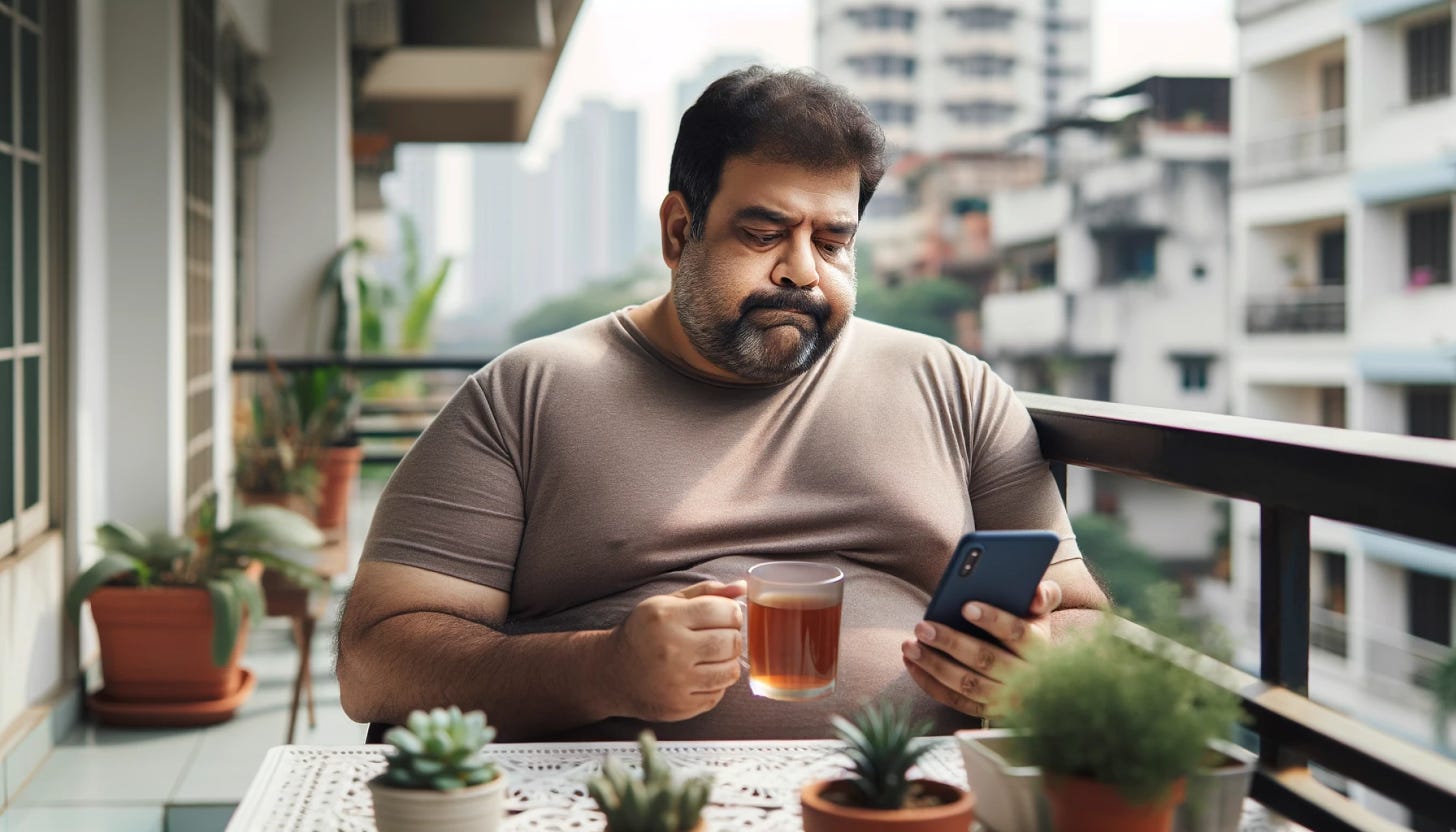 A middle-aged Indian man with a neutral expression, slightly overweight, sitting on a balcony with a less confident posture. He's sipping tea, looking contemplatively at his smartphone on the table, surrounded by urban scenery and potted plants.