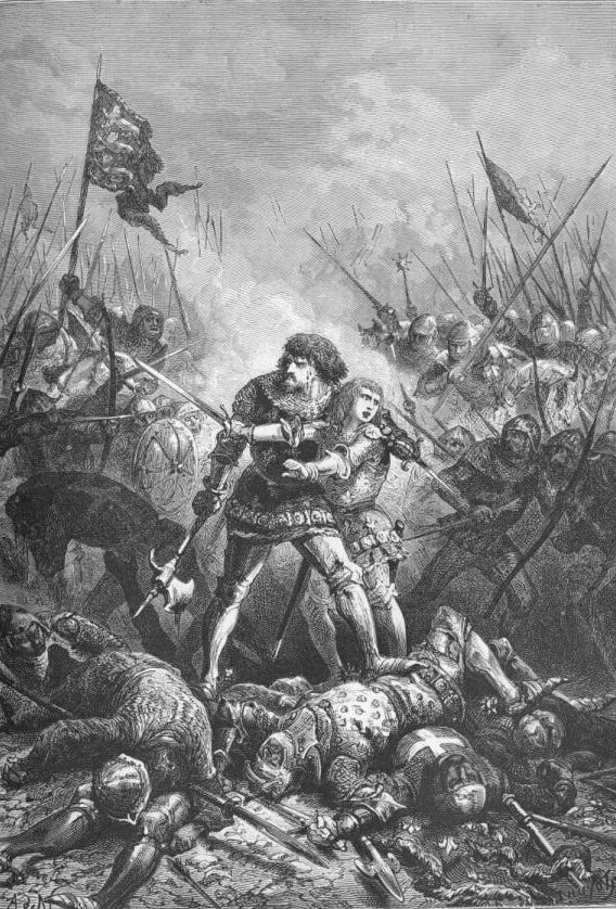 Jean le Bon et son fils, debouts et armés au centre, encerclés par des cavaliers et des soldats, au sol des cadavres