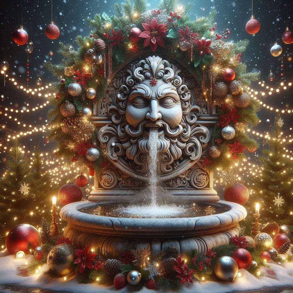 A maskeron as a fountain celebrating Christmas