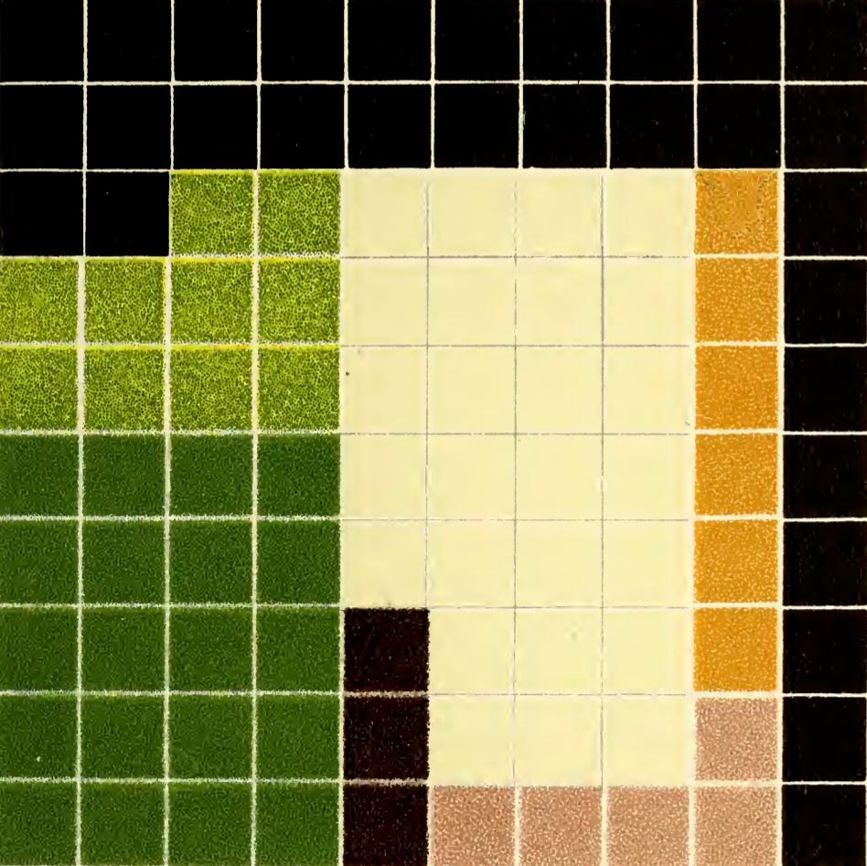 A gridded drawing similar to a tiled surface, with blocks of colors rendered in colored pencil. There are areas with squares of grass green, pine green, very dark brown, black, ochre, and cream. The image is a color analysis chart by Emily Noyes Vanderpoel, an illustration from her 1903 book Color Problems.