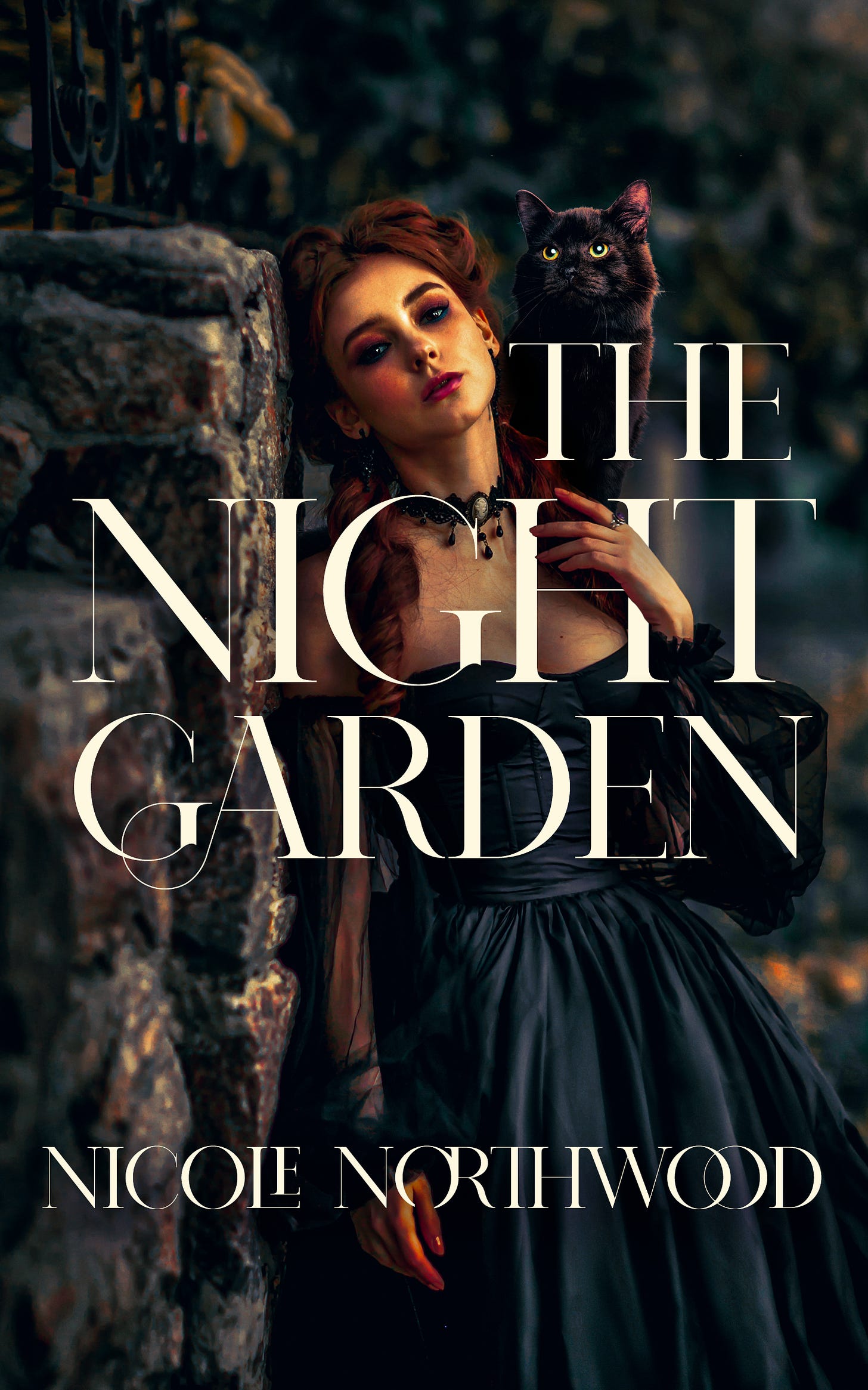 Cover of the night garden, with a redhead woman in a green dress with a black cat on her shoulder