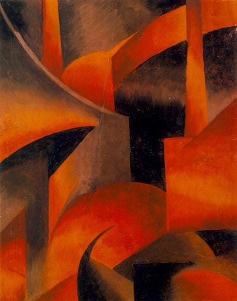 A cubist painting of red, orange, and black: Red Factory by Sandor Bortnyik, 1921.