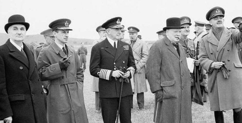 Professor Lindemann (left) on an inspection with Churchill, 1941