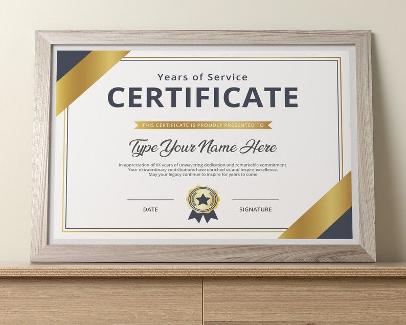 Editable Certificate Years of service, Years of Service Certificate Template, Printable years of service Certificate, Work Anniversary