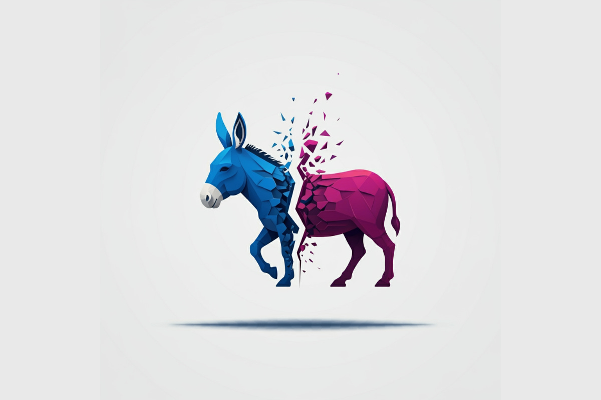 A minimalist design of a Democratic donkey split in two, with the left side in traditional blue and the right side transforming into purple. The figure appears to be shattering at the divide, with geometric fragments floating away. The image is set against a clean white background with a subtle shadow beneath.