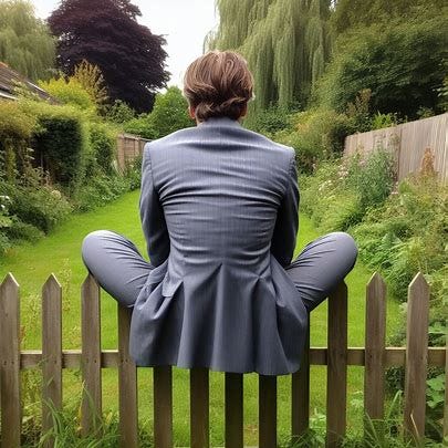 A square-shouldered man aged around 60 with brown hair, wearing a suit, sitting awkwardly on a garden fence, facing away from us.. Image 2 of 4