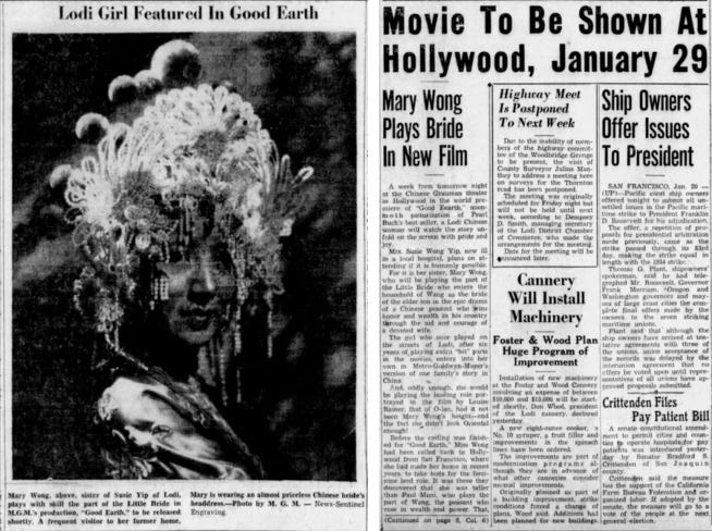 newspaper clipping of profile of Mary Wong, including photo of her as the Little Bride, headline reads: Lodi Girl Featured in Good Earth