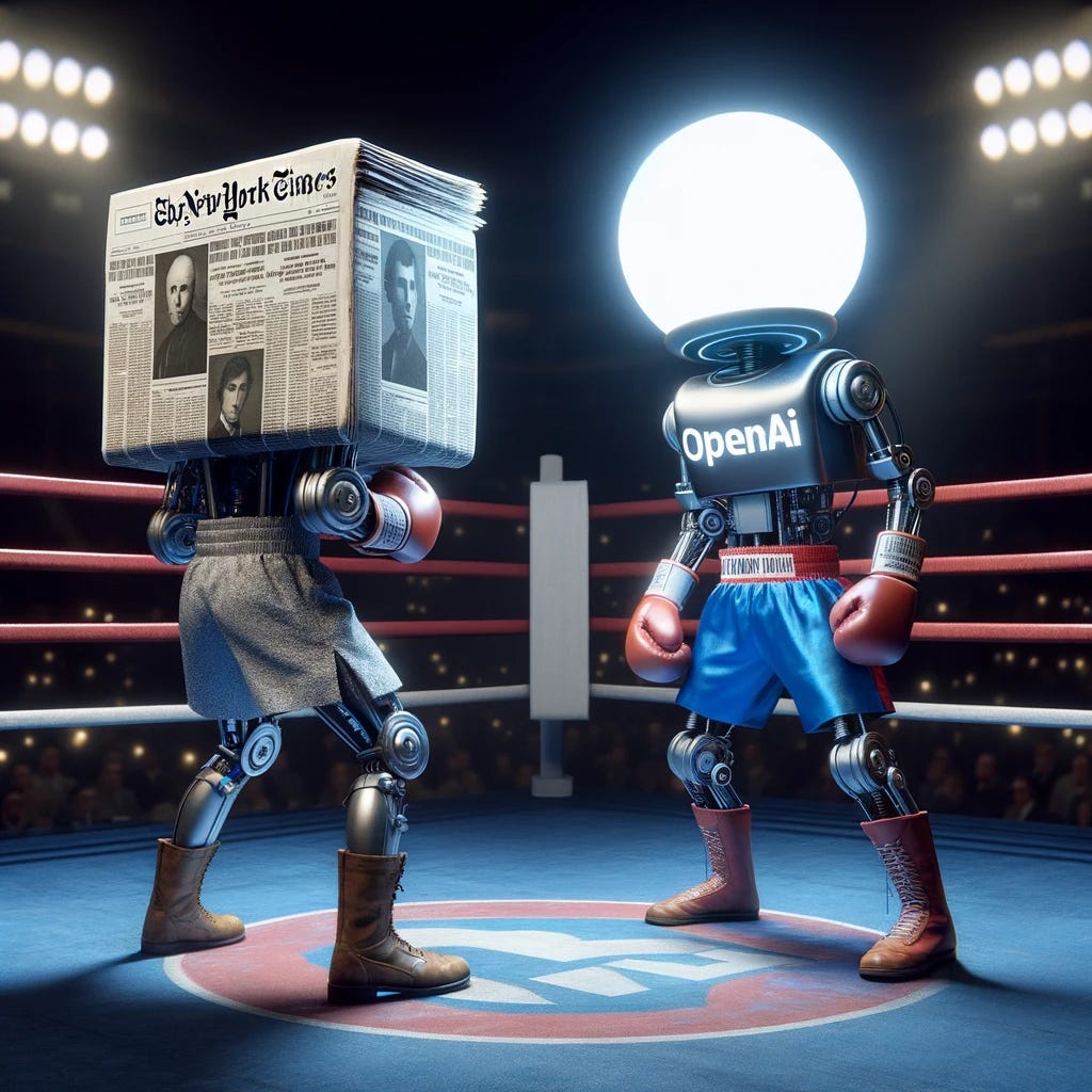 A picture of two robots in a boxing ring. One has a stack of NYT papers as its head. The other has "OpenAI" on its chest.
