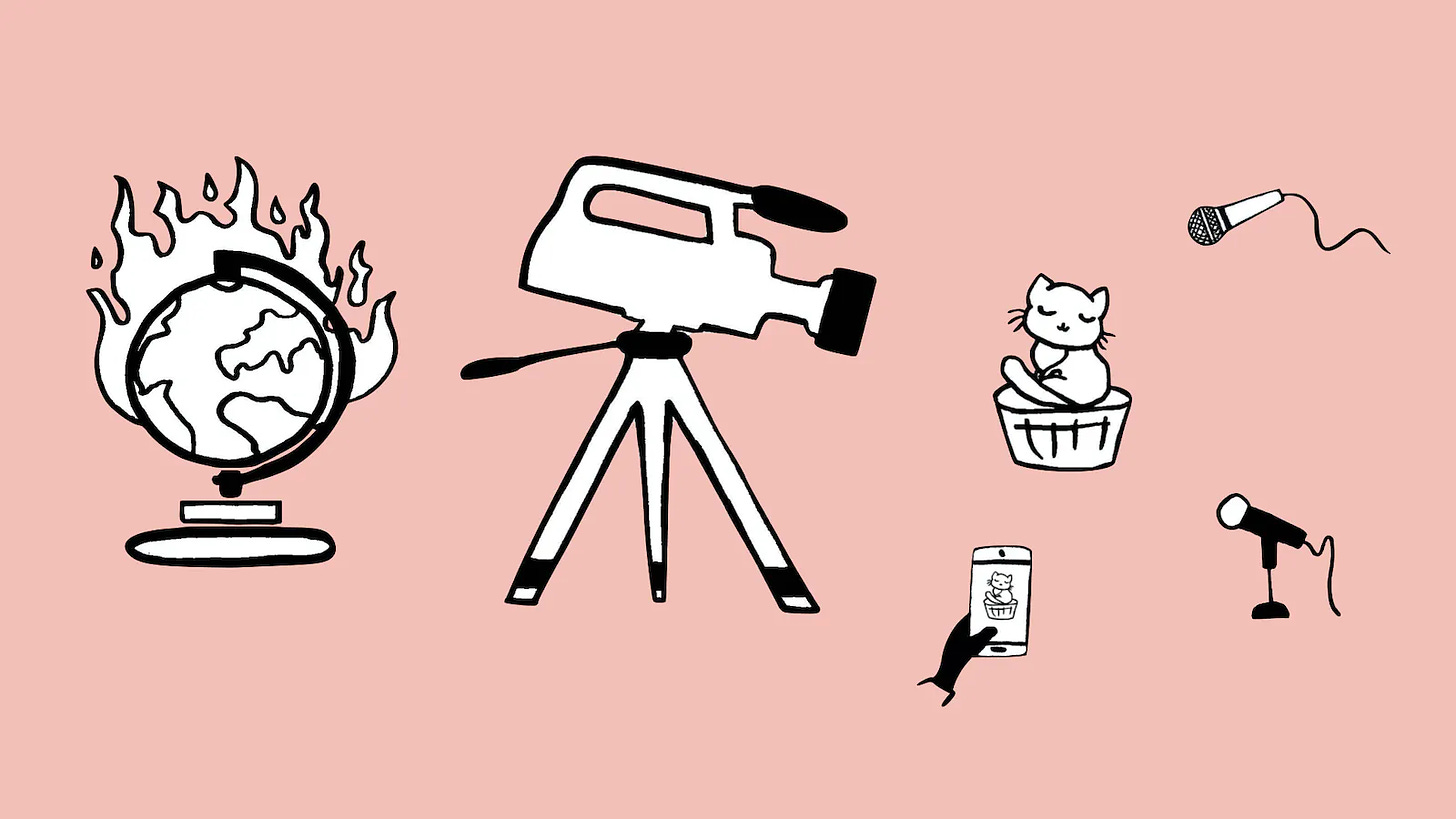 Bild des Treibhauspost-Newsletters. Eine Kamera ist skizziert, die auf Katzenbilder richtet anstatt auf einen brennenden Globus.