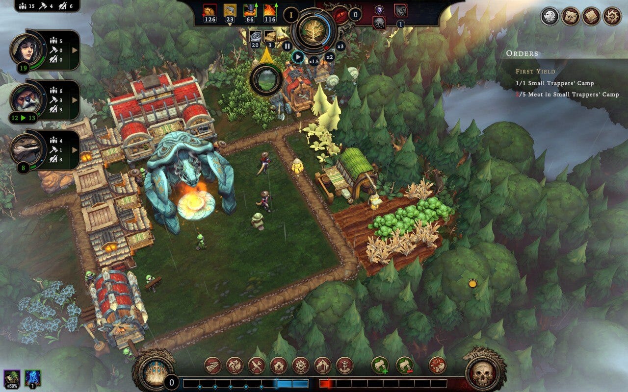 A top down view of buildings and villagers in a forest