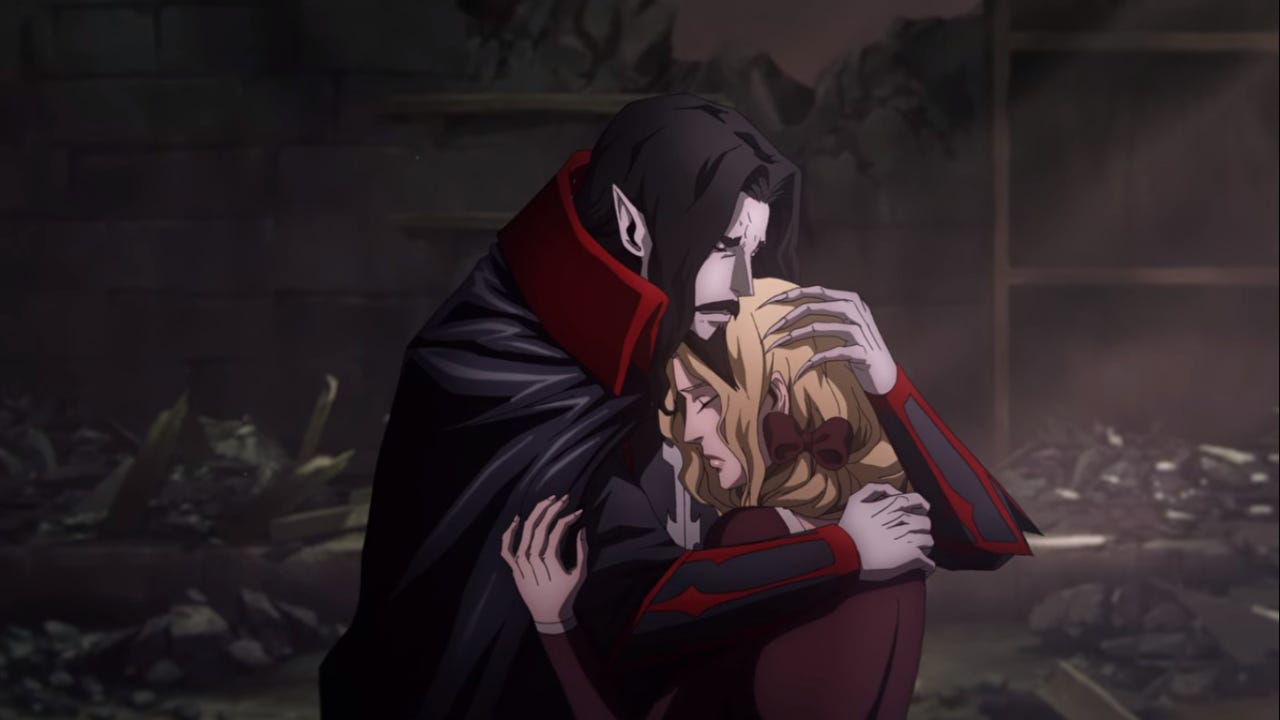 Dracula pulls Lisa to his chest and envelops her in a hug against the ruin of the backdrop (Castlevania, 2017)