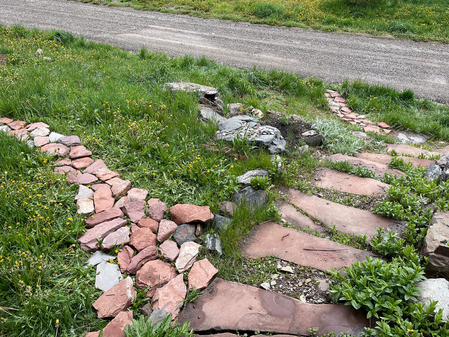 stone laid haphazardly into paths in a messy garden