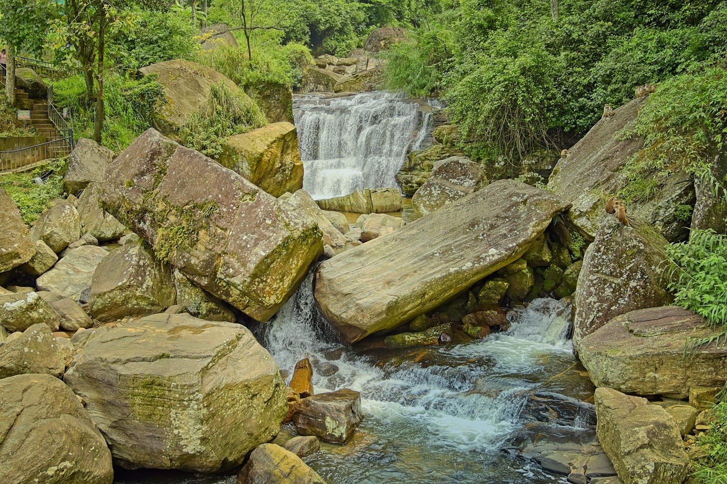 A waterfall in Sri Lanka flows through a cluster of large boulders surrounded by dense green foliage. Water moves steadily around the rocks, finding its way through narrow openings and pooling below. The scene conveys grounded persistence and natural reclaiming of space. A waterfall in Sri Lanka flows through a cluster of large boulders surrounded by dense green foliage. Water moves steadily around the rocks, finding its way through narrow openings and pooling below. The scene conveys grounded persistence and natural reclaiming of space.
