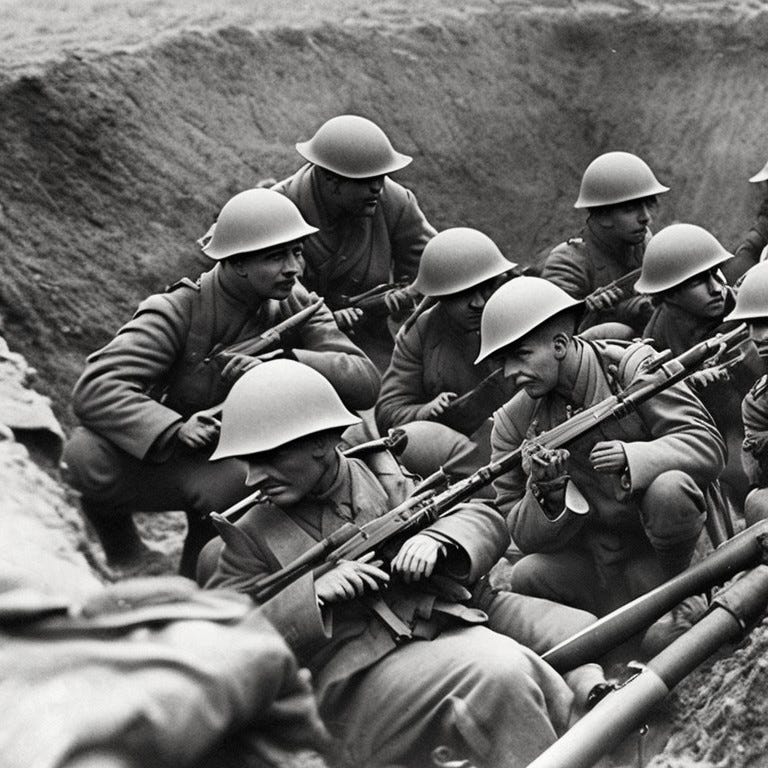 A group of WWI soldiers in a trench, rifles raised and ready to fire.