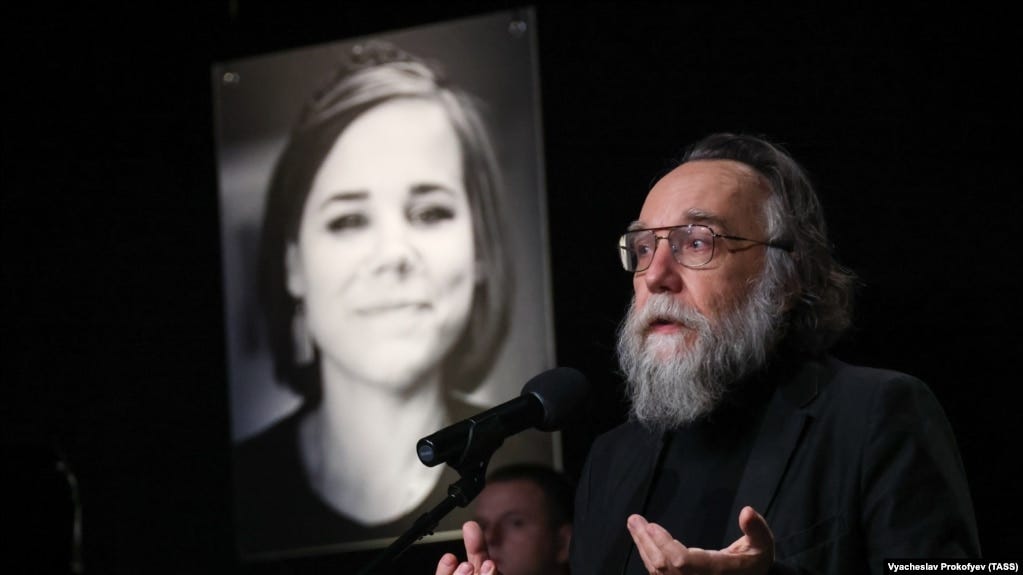 Russian political philosopher Aleksandr Dugin speaks during a mourning ceremony for his daughter, Darya Dugina (Platonova), at the Ostankino Television Technical Center on August 23. 