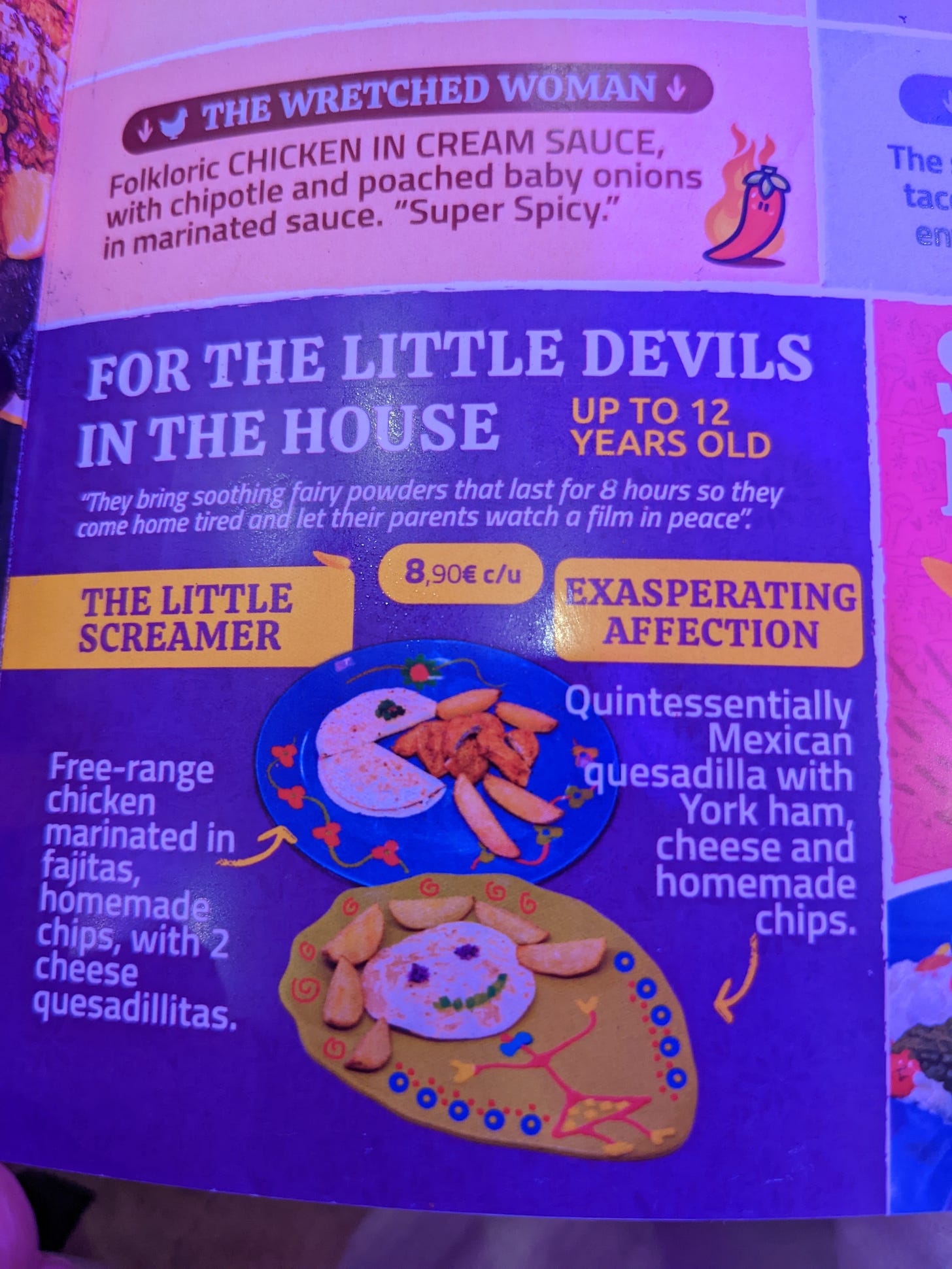 photo of the kids menu at La Tia Juana "For the little devils in the house."