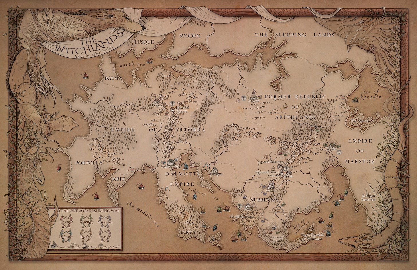 A detailed map of the Witchlands, including locations of troops and battles