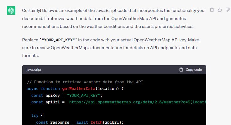 ChatGPT's JavaScript for our weather app