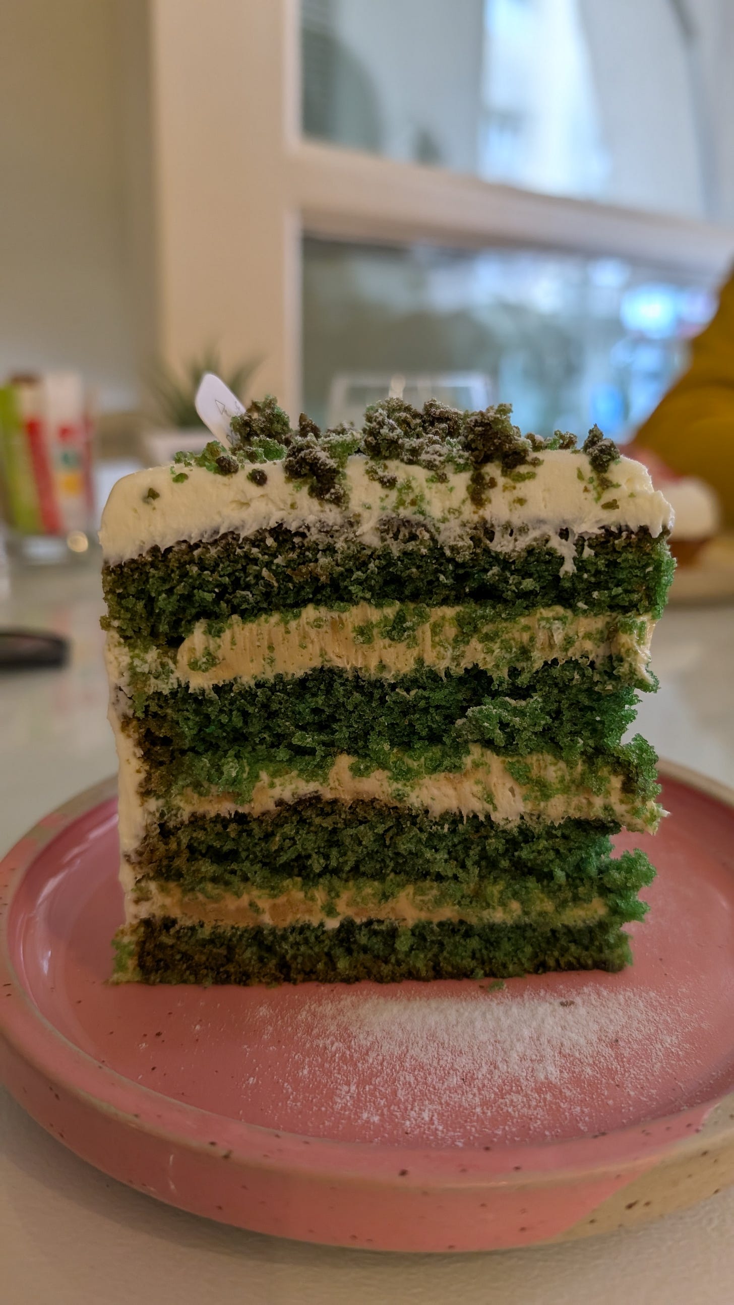 a giant slice of pistachio cake