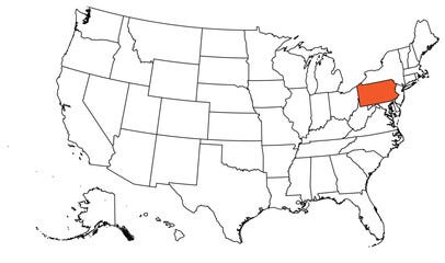 The outline of the US map with state borders. The US state of Pennsylvania