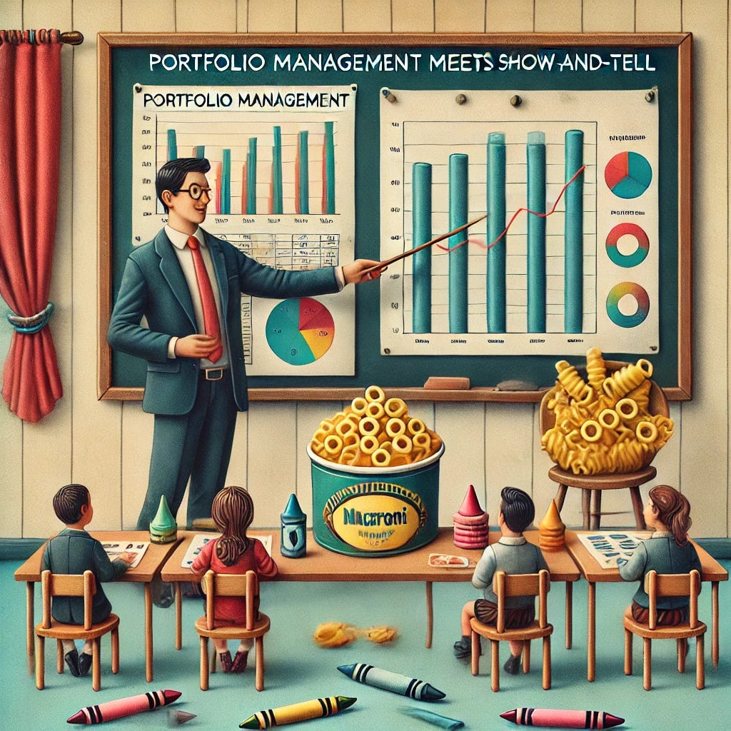 A humorous and imaginative illustration depicting 'portfolio management meets show-and-tell,' with a professional-looking person in a suit presenting financial charts and graphs to an audience, but instead of traditional props, playful elements like macaroni art and crayons are scattered humorously on the table. The scene is lighthearted yet professional, with a whimsical touch that combines business with a nostalgic classroom vibe.