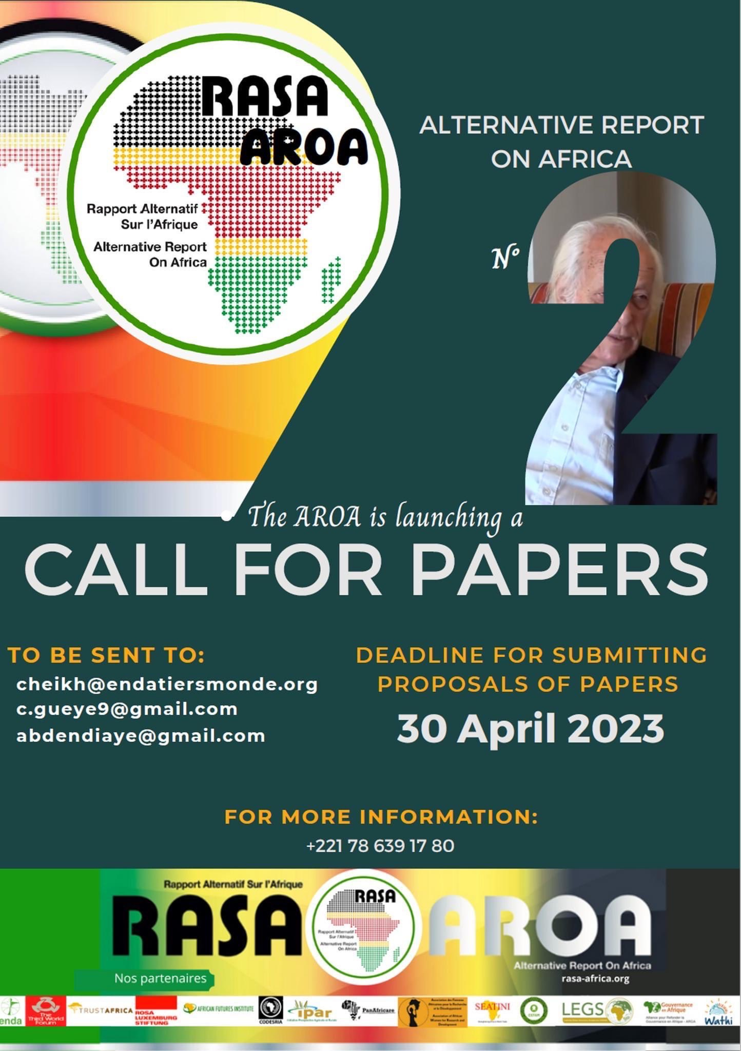 A poster calling for papers for the second Alternative report on Africa. They're due by 30 April 2023 and can be submitted to cheik@endatiersmonde.org, c.gueye9@gmail.com, or abdendiaye@gmail.com