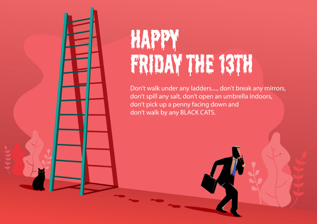 An illustration with a ladder and a black cat, and text that says happy friday the 13th.