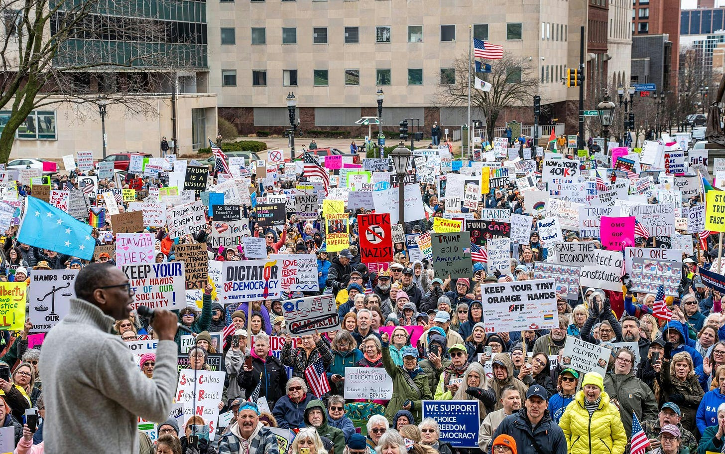 <p>Michigan Lt. Gov. Garlin Gilchrist II addresses thousands of protestors gathered at a 50501 movement rally against the Trump administration’s executive actions at the Michigan State Capitol in Lansing on April 5, 2025.</p>