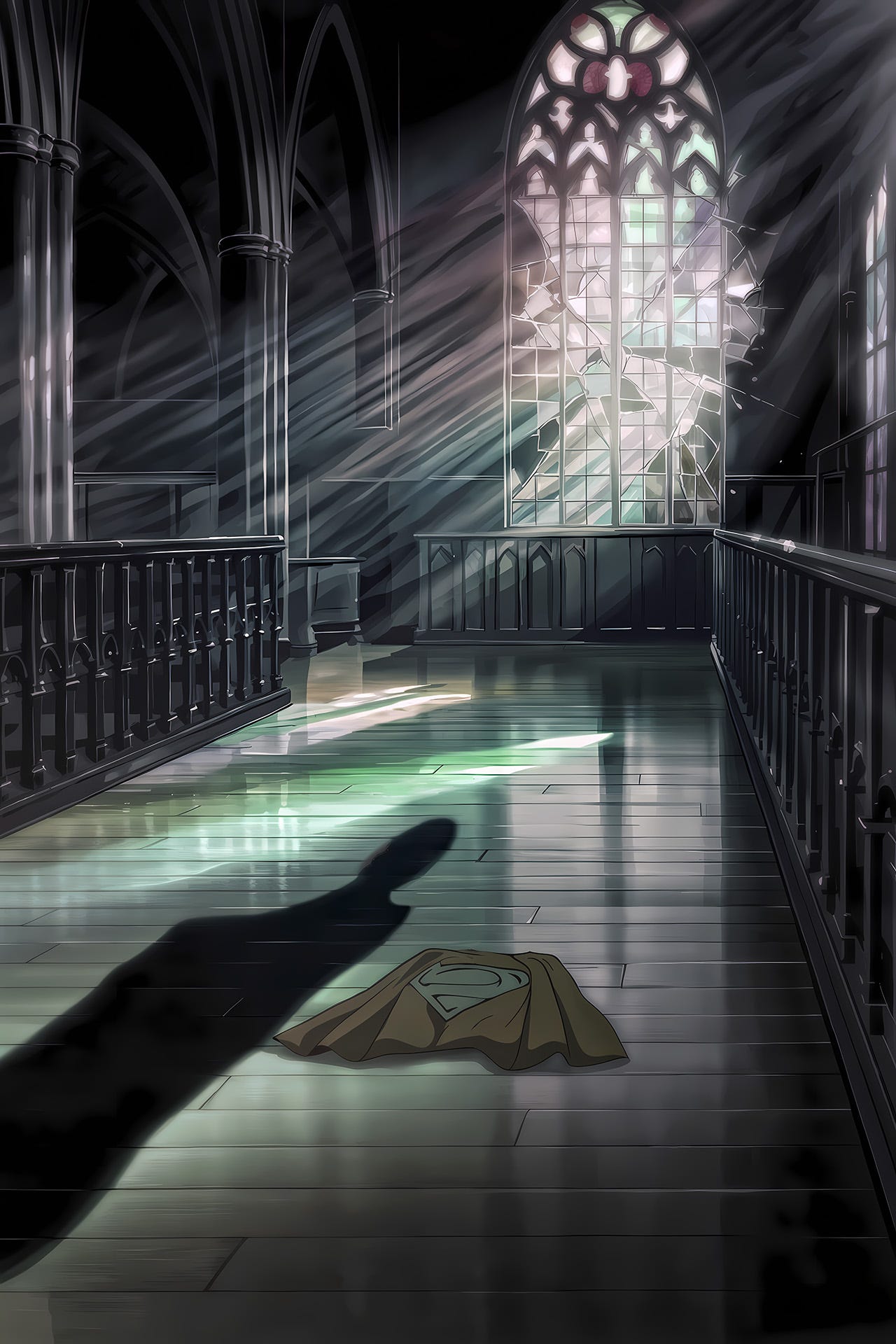 Digital illustration in anime style shows a Gothic cathedral interior. Afternoon light through a broken stained glass window casts green beams across hardwood floors. A discarded superhero cape lies centered on the floor, while a human shadow stretches toward it in farewell. The shadow's source remains unseen. The composition uses gothic arches and parallel lines to guide focus. Illustrates the poem 'After the Secret' about autistic identity and moving beyond masking toward authenticity. Digital tools included AI.