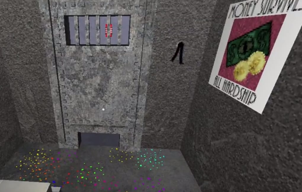 A screenshot from Presentable Liberty showing the inside of your cell: it's tiny and entirely gray. The door in front of you has a slot at the bottom for letters to come through. The floor is littered with confetti from a previous letter. On the wall, there is a poster that proclaims MONEY SURVIVES ALL HARDSHIP