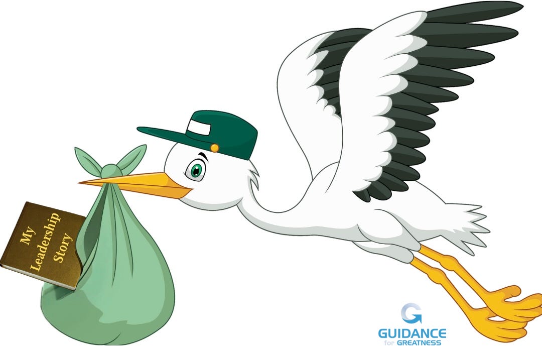 A cartoon of a stork in a deliveryman’s cap carrying a green bundle in its beak. A book with a brown cover and the title, “My Leadership Story,” in gold peaks out from the front of the bundle.