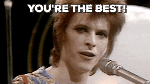 Gif: Ziggy Stardust (aka David Bowie) with red hair pointing at the camera. Text above his head: "YOU'RE THE BEST!