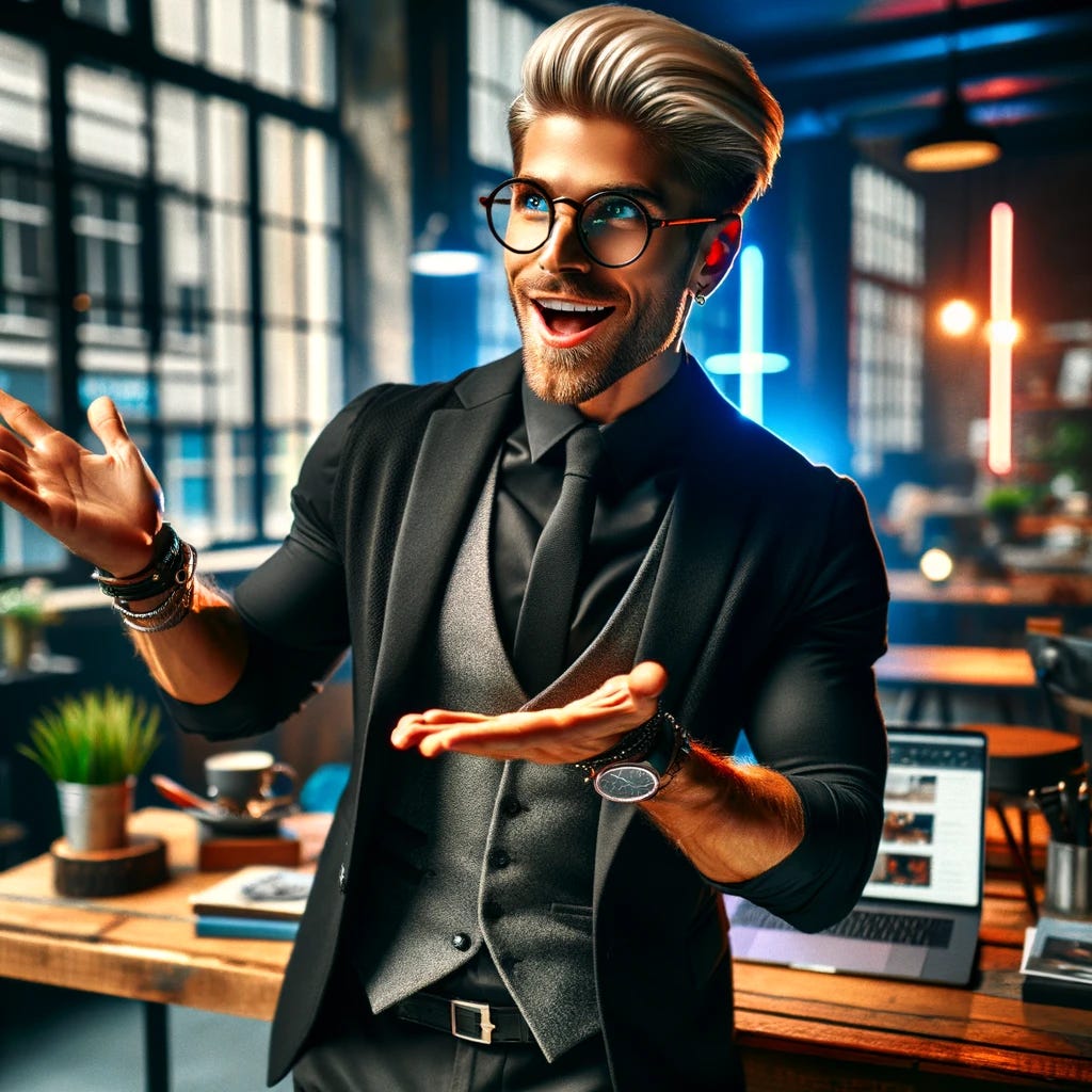 An image of an enthusiastic, stylish young man in his early thirties, with distinctive platinum blonde hair and fashionable tortoise shell glasses. He is dressed in an elegant black outfit that complements his modern professional demeanor. Positioned in a vibrant urban or creative workspace, he stands with a lively, inviting posture, showcasing something just below him with both hands, as if revealing a new product or an important message. His gesture is expressive and welcoming, designed to intrigue and captivate the viewer's attention, guiding it towards the object or area of interest below the frame. The setting reflects a blend of his professional and personal styles, with elements like a sleek laptop, a stylish cup of coffee, and personal items subtly arranged in the background, enhancing the scene's dynamic and contemporary vibe.