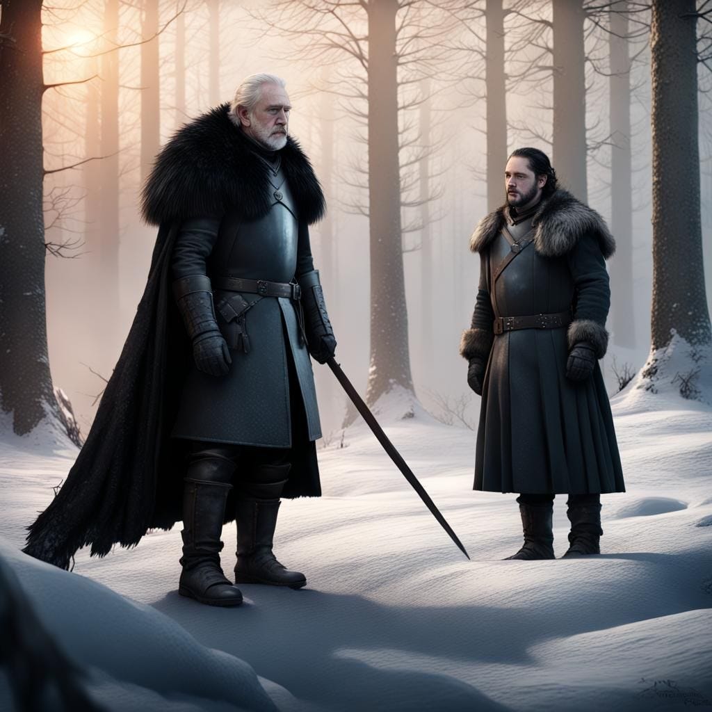 young Jon Snow and mentor Lord Commander Mormont nights watch longclaw, 2 people only