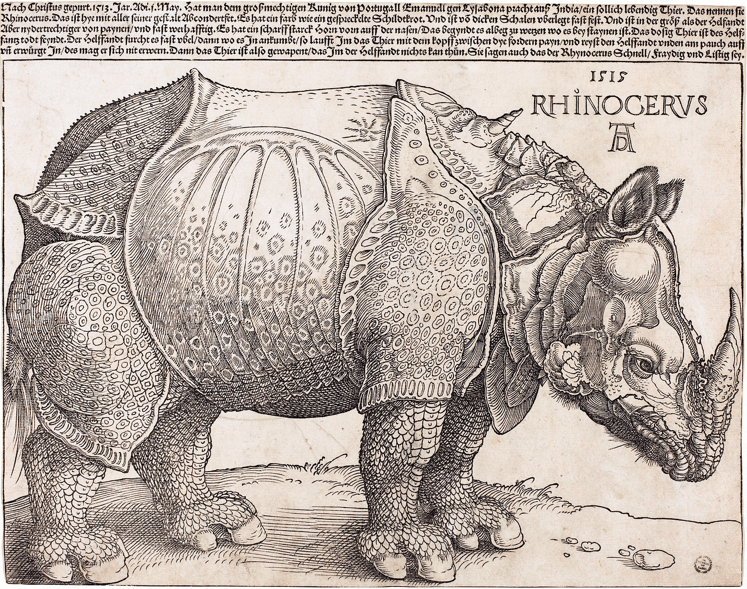 Ancient woodcut illustration of a rhinoceros.