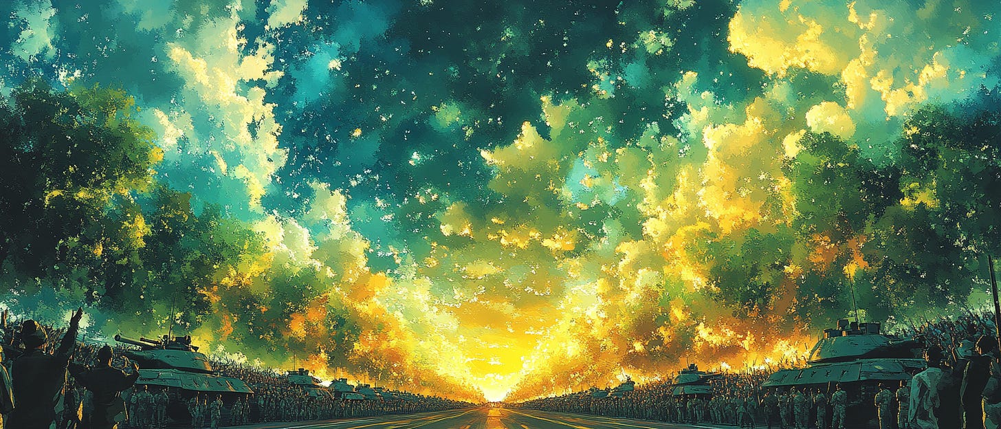 Dramatic painting of a grand military parade set against a vivid, atmospheric sky filled with dynamic green, blue, and golden clouds. The scene is lined with tanks, soldiers, and cheering crowds on both sides of a wide, empty road, leading towards a bright, glowing horizon, creating a sense of awe and grandeur.