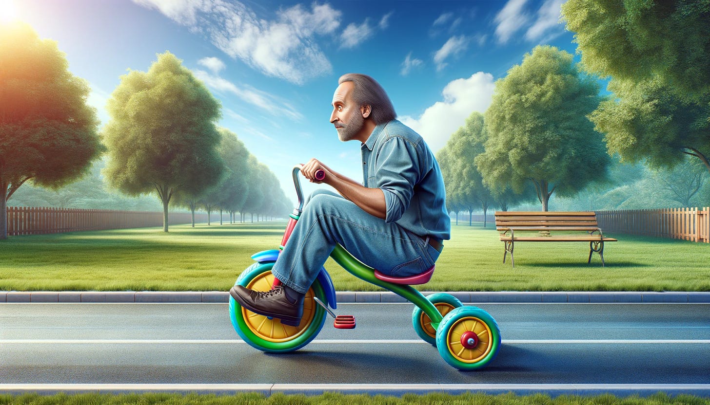 A photorealistic image of an adult riding a tricycle in a horizontal orientation. The scene shows a grown-up person pedaling a tricycle, with a playful yet slightly humorous expression. The background includes a park with green trees and a clear blue sky. The tricycle is colorful and slightly oversized to fit the adult, creating a whimsical and lighthearted atmosphere. The overall image captures the joy and fun of an adult embracing a childlike activity.