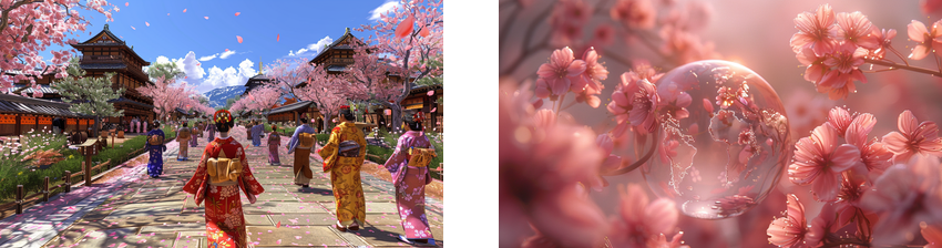 On the left, a vibrant scene from a Japanese street during cherry blossom season is depicted. Several women in colorful traditional kimonos walk away from the viewer, moving down a path lined with blooming cherry trees and traditional Japanese architecture. The sky is blue and scattered with fluffy white clouds, indicating a clear day. Petals are falling gently, adding a dynamic element to the scene.  On the right, the focus is on a crystal ball that seems to encapsulate a scene of cherry blossoms within it, creating a magnified and inverted image of the flowers that surround it. The cherry blossoms in the foreground are in sharp focus, their pink petals vibrant against a soft, bokeh background that suggests a dreamlike quality.