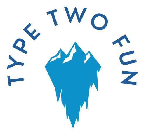  A minimalist logo with a stylized blue mountain and the words "Type Two Fun" arching above it. The design suggests an adventurous, outdoor theme.