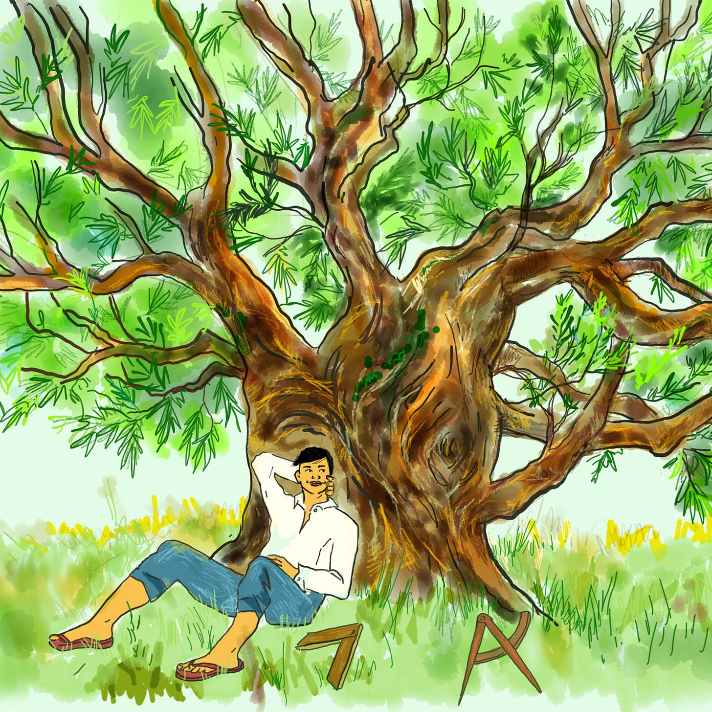 Illustration of a man relaxed on the grass, resting against a large tree with vibrant green leaves. A book and wooden compass are beside him.