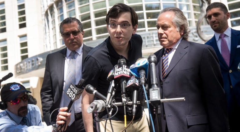 Martin Shkreli bizarrely gloating to the press after being convicted of three of eight charges in a securities fraud case in 2017.