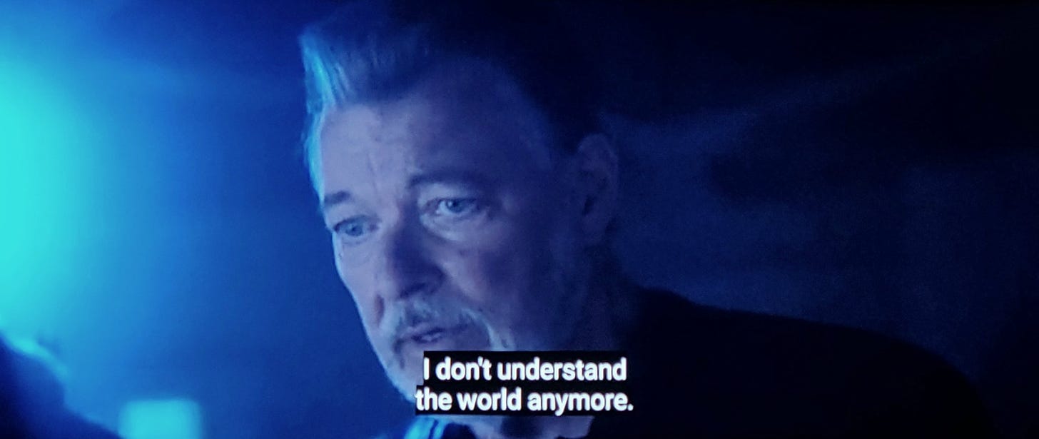 An older Captain Riker is pictured up close. He's looking down with a thousand mile stare, as if he just realized the nihilists were right. Closed caption reads, "I don't understand the world anymore."