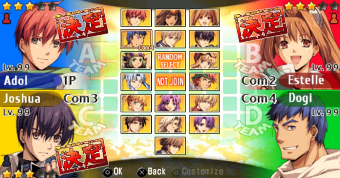 A screenshot showing the full character select screen, with four level 99 characters (Adol, Estelle, Joshua, and Dogi) about to face off against each other.