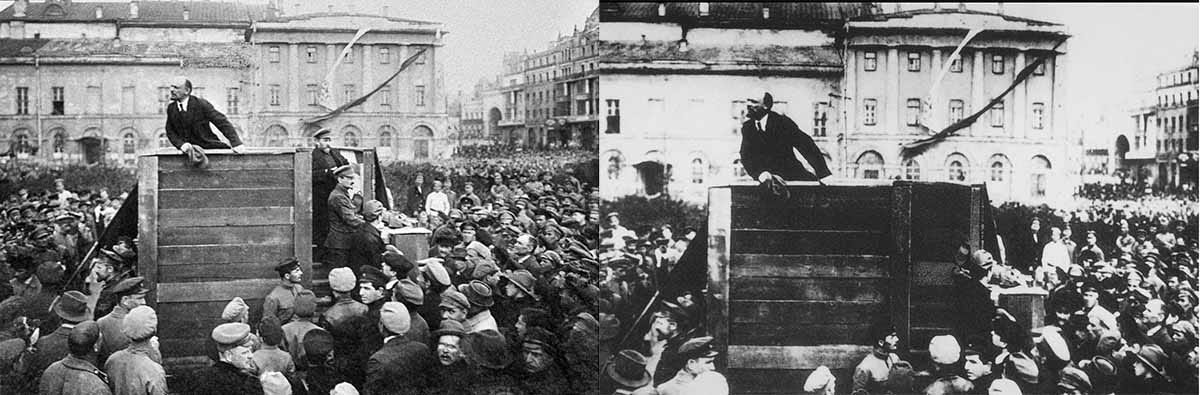 In this photo from 1920, Trotsky, in a cap, stands nearby Lenin who is giving a speech from a tribune. In the later version, Trotsky is nowhere to be seen. Trotsky was exiled from the USSR in 1929 but he continued his political struggle against Stalin from abroad, before being assassinated by the Georgian’s henchman in 1940.