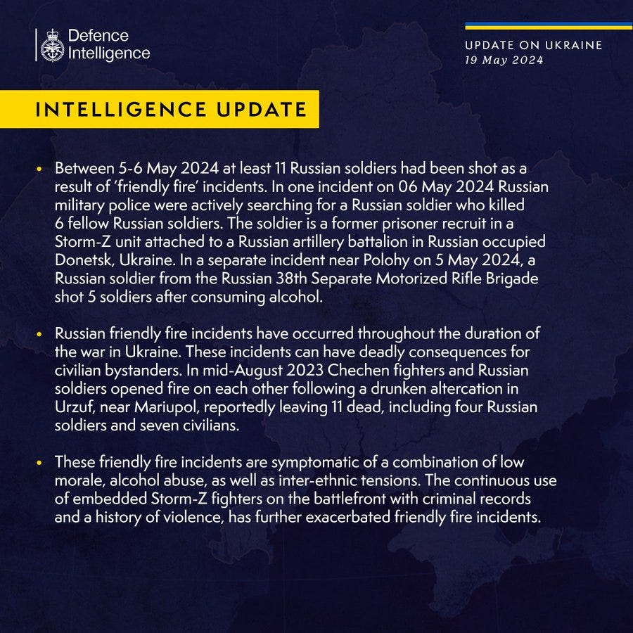 Between 5-6 May 24 at least 11 Russian soldiers had been shot as a result of ‘friendly fire’ incidents. In one incident on 06 May Russian military police were actively searching for a  soldier who killed 6 fellow Russian soldiers. The soldier is a former prisoner recruit in a Storm-Z unit attached to an artillery battalion in Russian occupied Donetsk, Ukraine. In a separate incident near Polohy on 5 May 2024, a Russian soldier from the 38th Separate Motorized Rifle Brigade shot 5 soldiers after consuming alcohol.
Russian friendly fire incidents have occurred throughout the duration of the war in Ukraine. These incidents can have deadly consequences for civilian bystanders. In mid-August 2023 Chechen fighters and Russian soldiers opened fire on each other following a drunken altercation in Urzuf, near Mariupol, reportedly leaving 11 dead, including four Russian soldiers and seven civilians.
These friendly fire incidents are symptomatic of a combination of low morale, alcohol abuse
