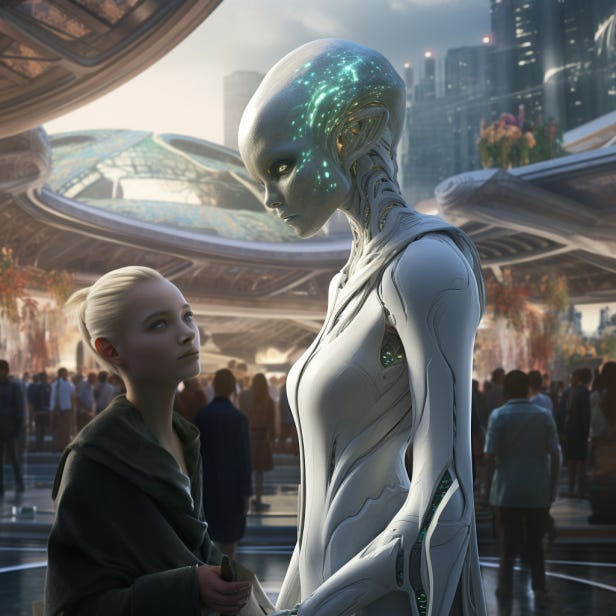 A human woman and female extraterrestrial converse in a futuristic city center.
