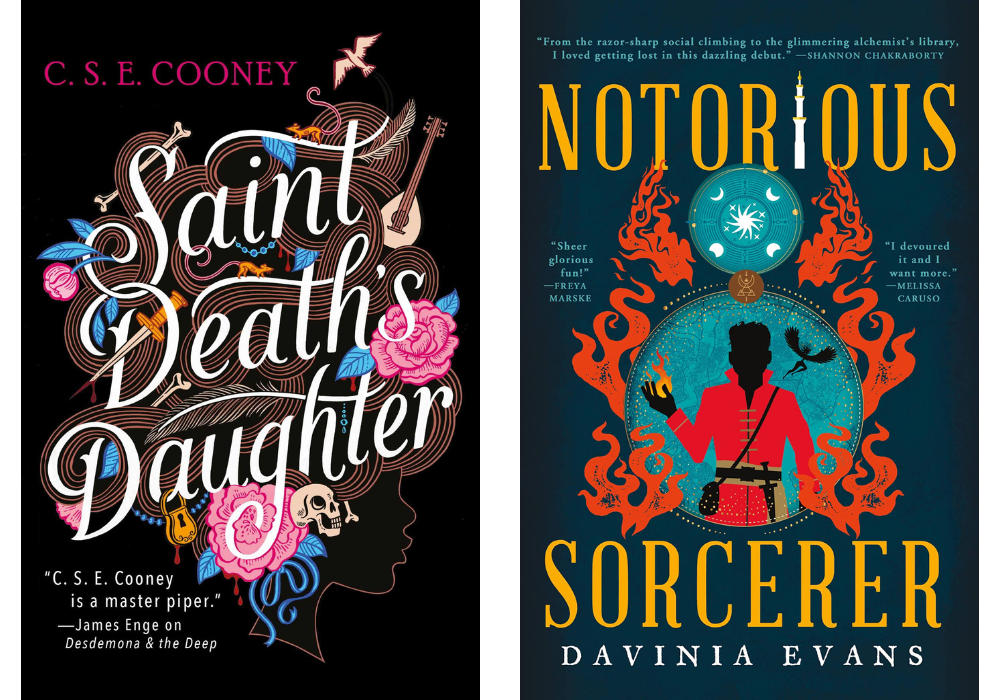 The book cover for Saint Death's Daughter (left) featuring the outline of a woman's head and hair with flowers, bones, and white text interwoven throughout it. On the right, the book cover for Notorious Sorcerer features flames around two orbs with the silhouette of a man in the middle.
